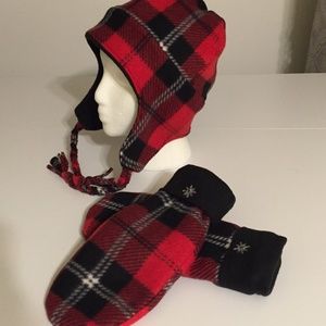 Red Plaid Trapper Hat Matching Mittens Fleece